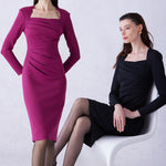 A professional woman wearing a sophisticated deep magenta long-sleeve pencil dress, featuring a unique square neckline and elegant ruched detailing at the waist for a flattering, slim-fit executive look.