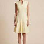 A side-by-side comparison of an elegant pale yellow sleeveless dress in two lengths, featuring a sophisticated mandarin collar, a stylish bow tie-waist, and a pleated A-line skirt for a classic feminine look.