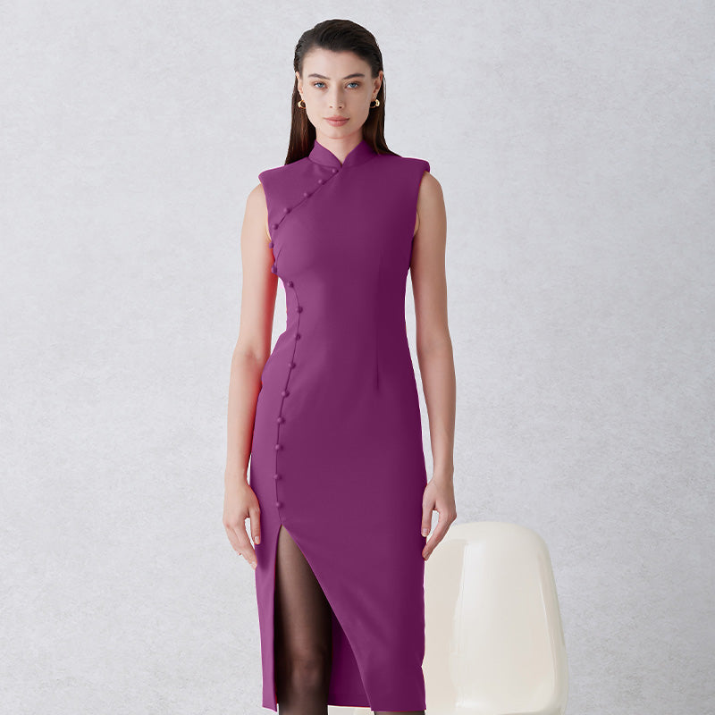 A professional woman wearing a stunning magenta purple sleeveless dress, featuring a traditional mandarin collar, a row of elegant side buttons, and a sophisticated high slit for a modern oriental look.