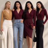 A style comparison of two elegant long-sleeve V-neck wrap tops featuring delicate shoulder pleating and a sleek tucked-in fit; the left in warm camel paired with cream trousers, and the right in deep burgundy paired with black trousers.