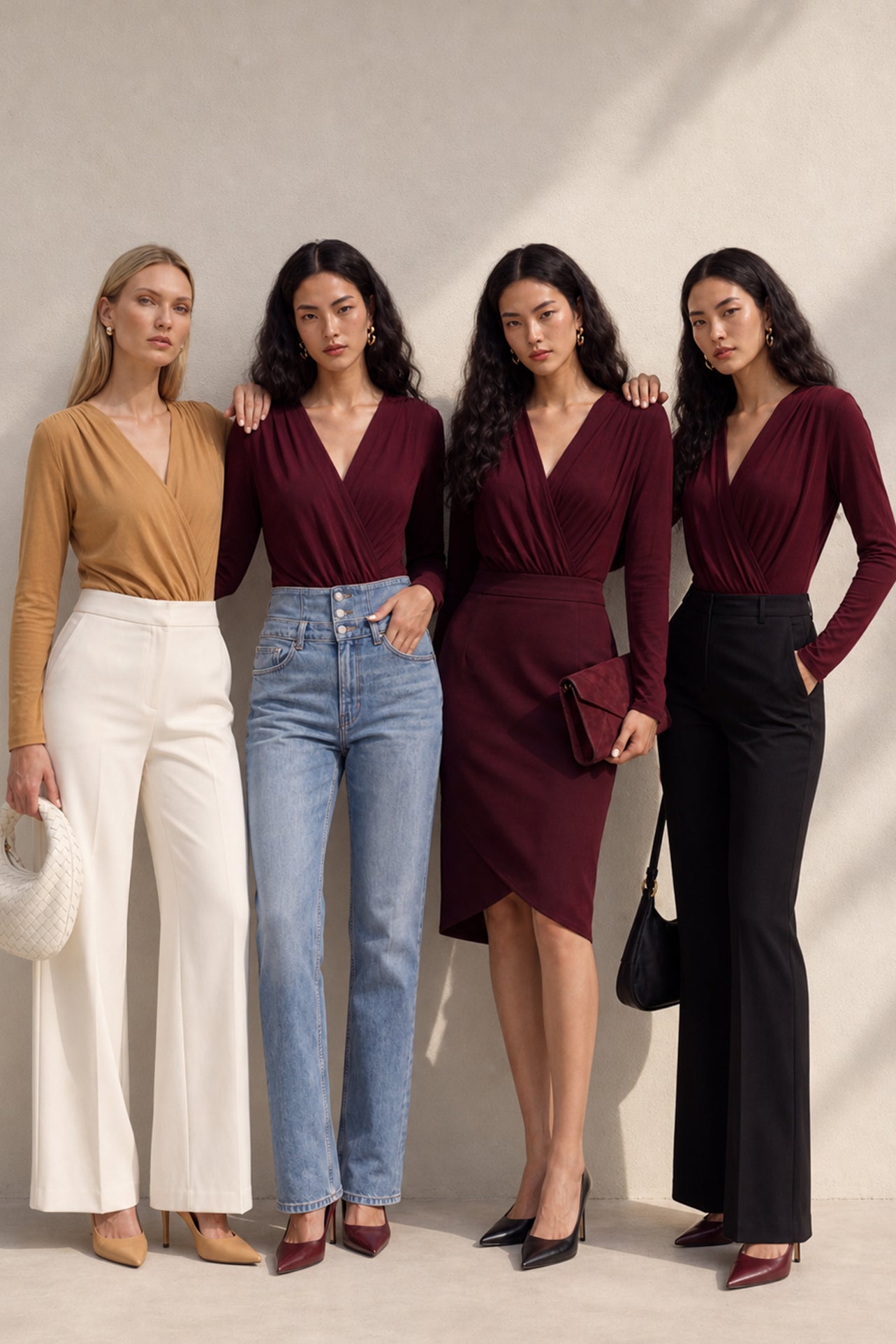 A style comparison of two elegant long-sleeve V-neck wrap tops featuring delicate shoulder pleating and a sleek tucked-in fit; the left in warm camel paired with cream trousers, and the right in deep burgundy paired with black trousers.