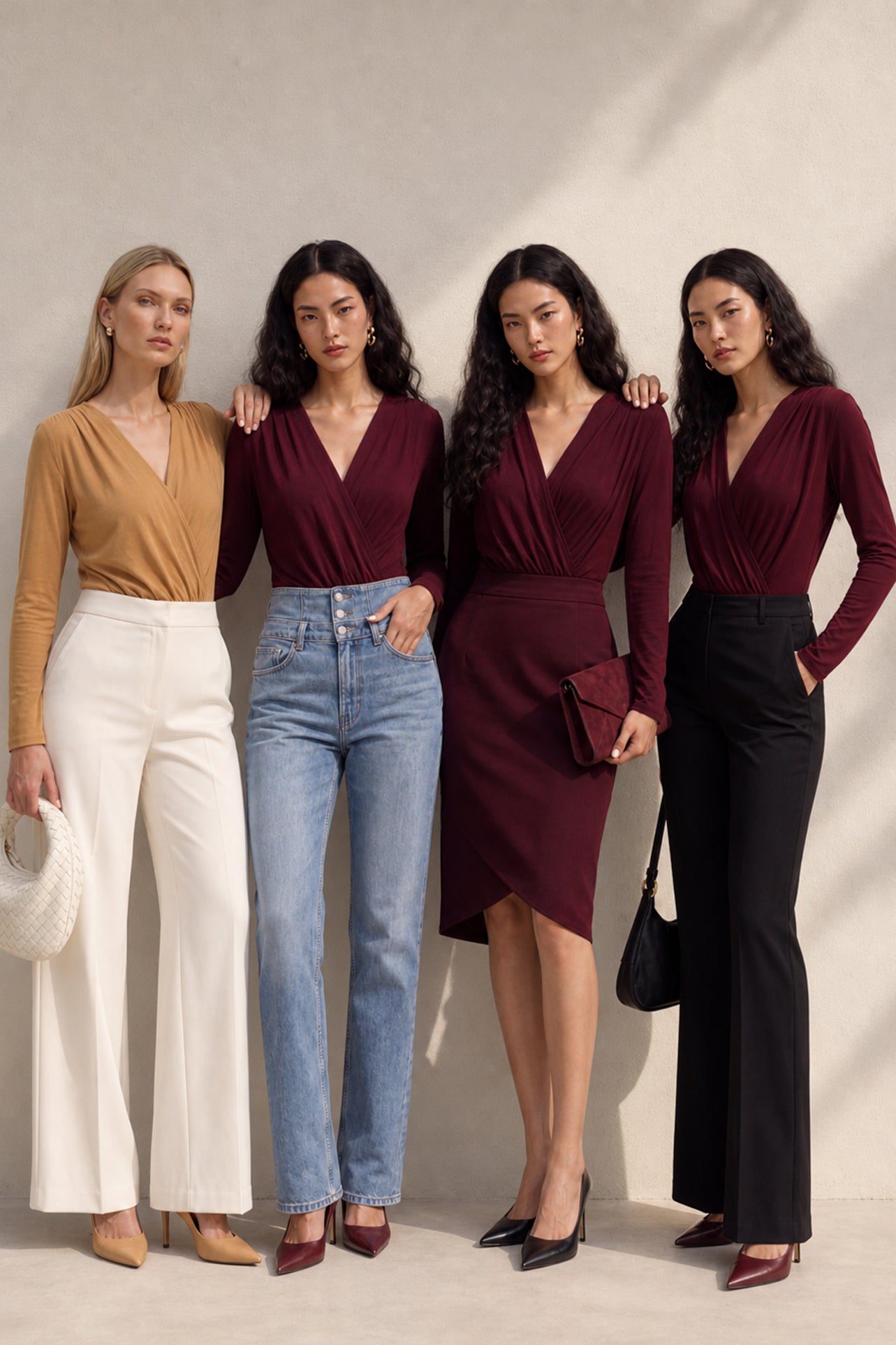 A style comparison of two elegant long-sleeve V-neck wrap tops featuring delicate shoulder pleating and a sleek tucked-in fit; the left in warm camel paired with cream trousers, and the right in deep burgundy paired with black trousers.