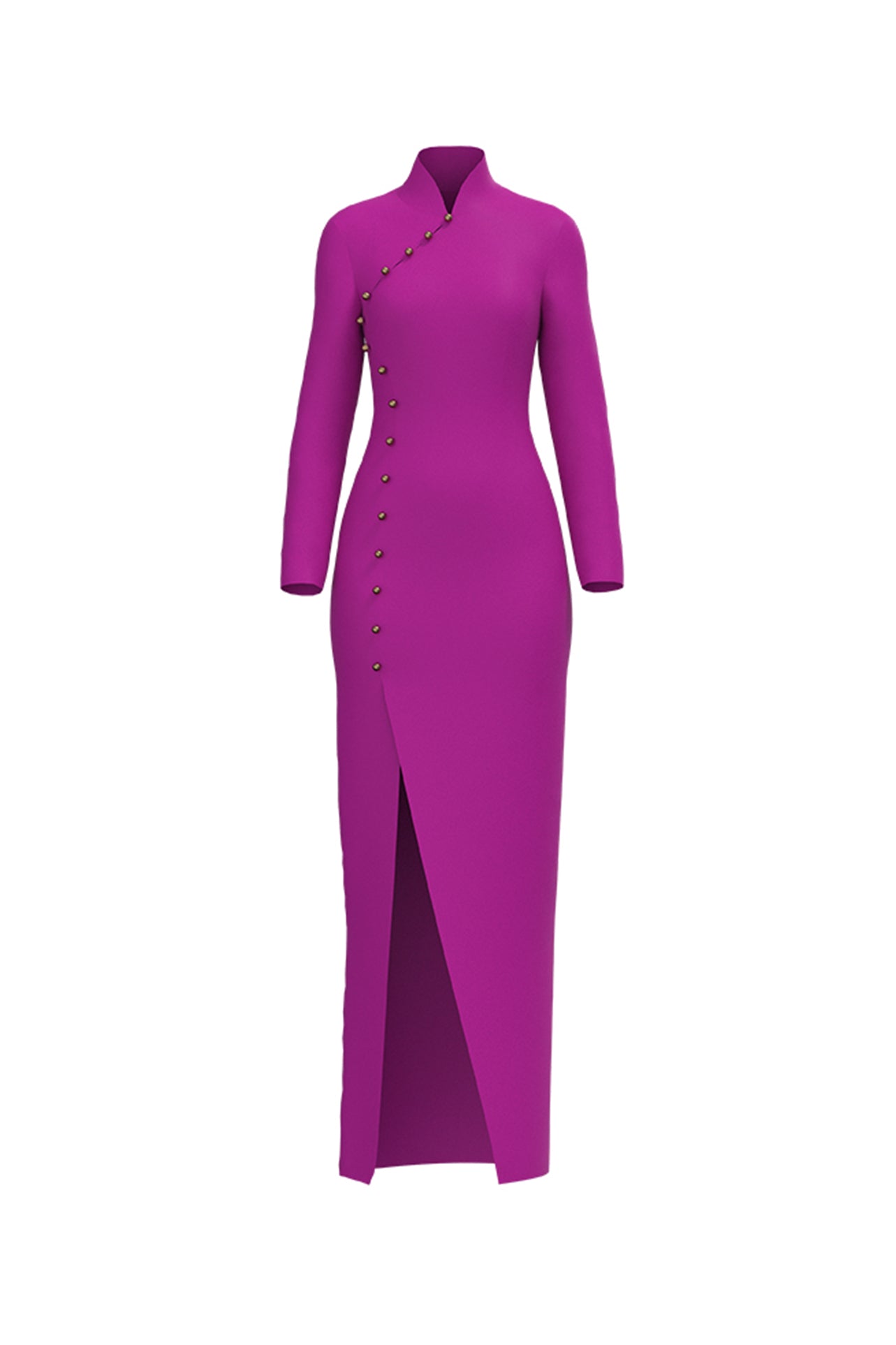 A professional woman in a high-fashion pose wearing a sophisticated purple modern qipao, featuring a classic mandarin collar, sleeveless slim-fit design, and elegant side-fastening buttons with a front slit for a modern oriental look.