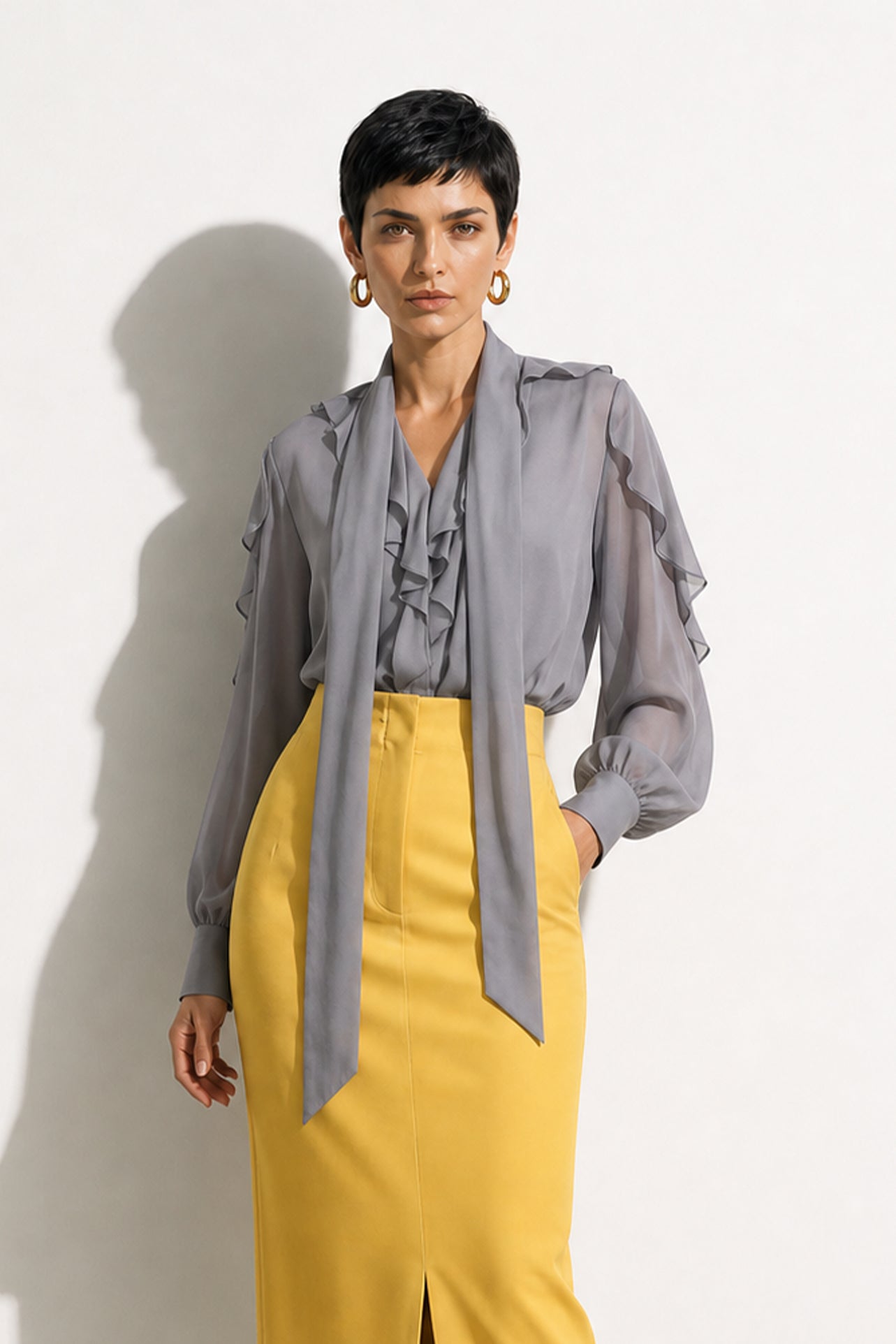 A style comparison of two professional corporate outfits featuring long-sleeve ruffled chiffon blouses with versatile tie-neck scarves; the left styled in purple with white wide-leg trousers, and the right in grey paired with a mustard yellow high-waisted pencil skir