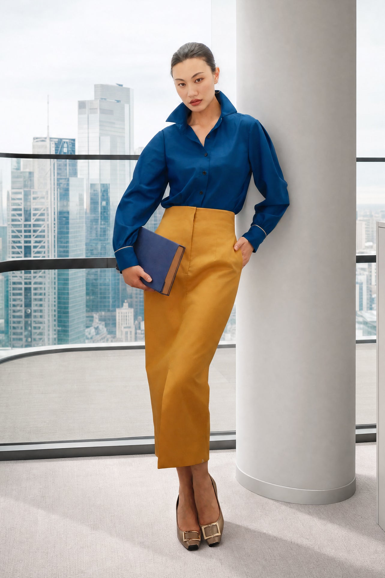 A style comparison of two elegant tailored midi pencil skirts with a sharp front slit; the left showcasing a vibrant royal blue high-waisted skirt paired with a striped shirt, and the right featuring a rich mustard yellow version paired with a bright orange blouse