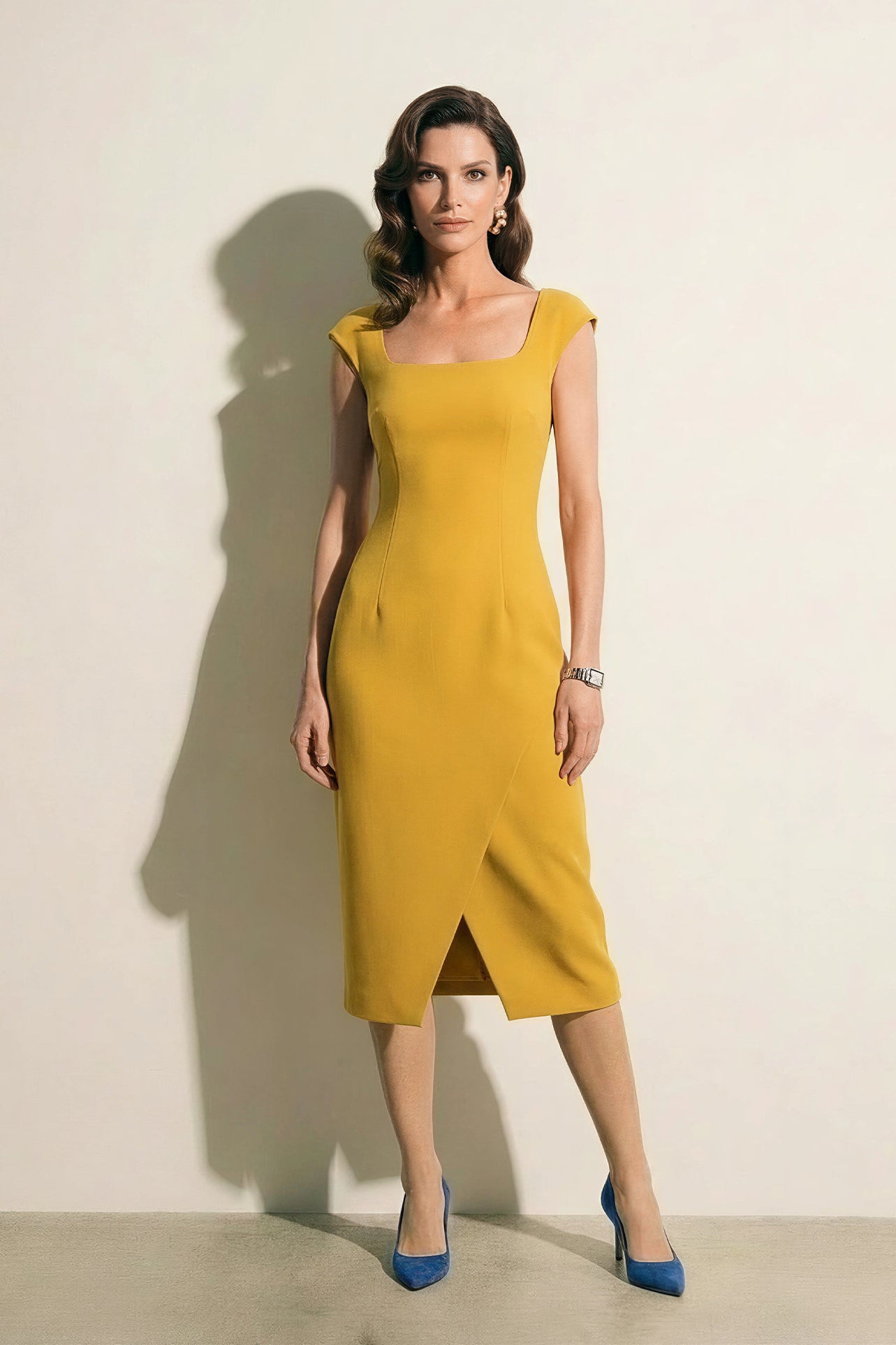 A professional woman modeling an elegant mid-blue midi dress featuring a structured square neckline, delicate cap sleeves, and a flattering high-waisted A-line flare skirt for a sophisticated summer look.
