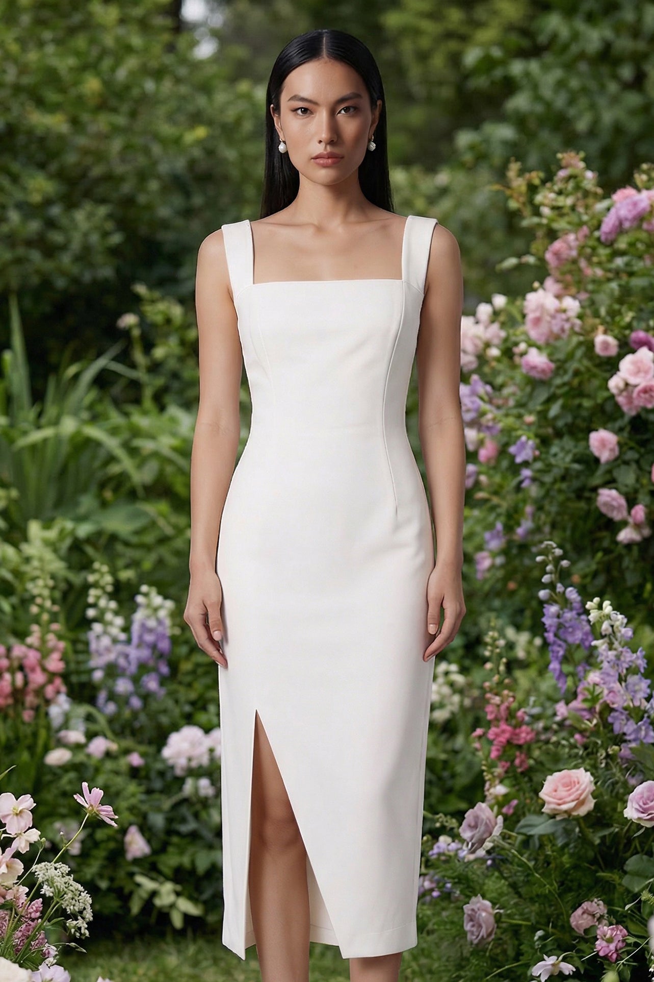 Two professional models wearing elegant square-neck sheath dresses in crisp white and vibrant mid-blue, featuring a tailored slim fit, a front slit, and a functional side pocket for a sophisticated office or social look.