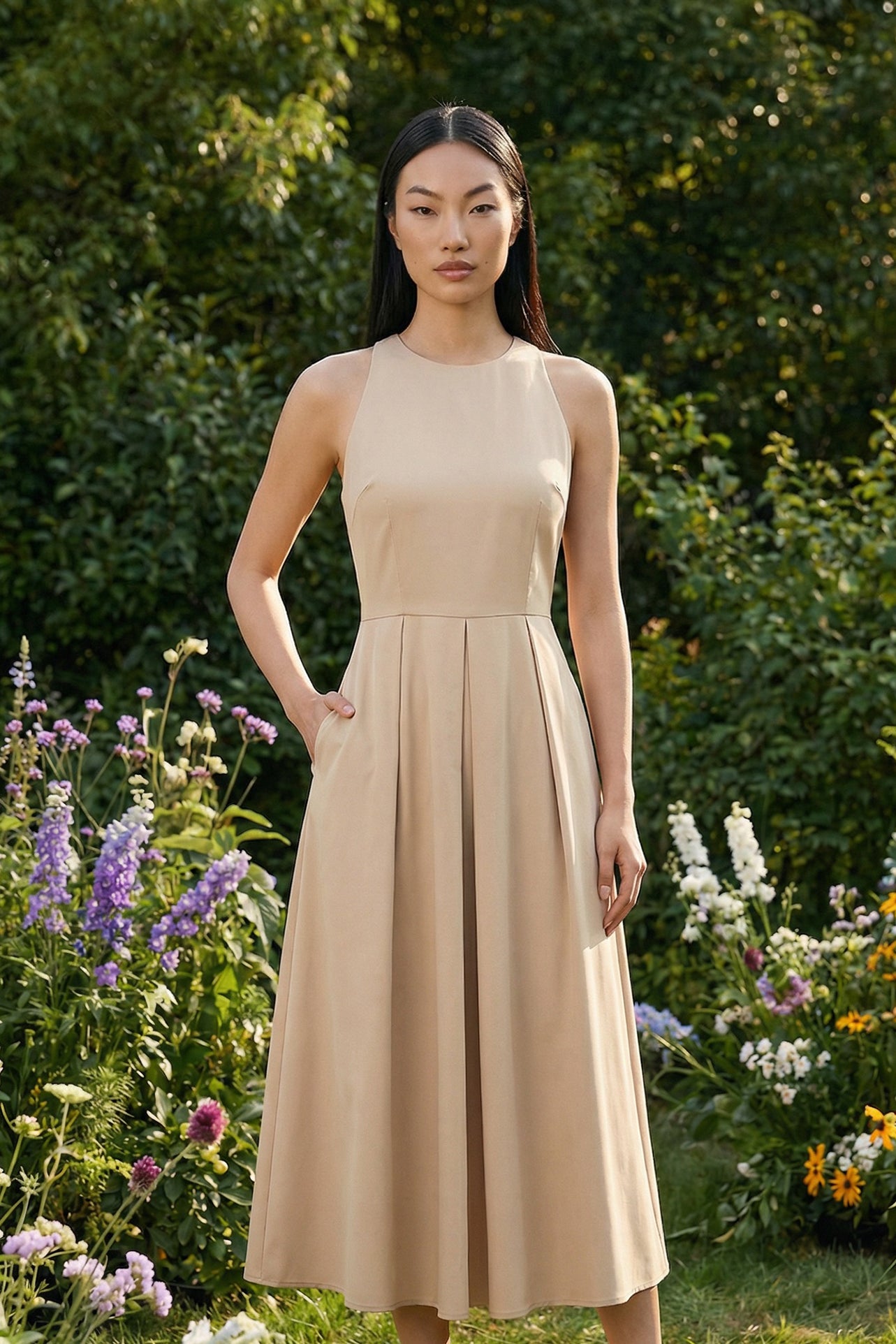 Two professional models wearing elegant halter-neck pleated maxi dresses in khaki and mustard yellow, featuring a high-waist A-line silhouette and side pockets, perfect for a sophisticated summer vacation or garden party look.