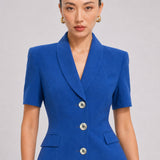 A style comparison of two professional summer short-sleeve blazers featuring an elegant shawl collar, three-button front, and flap pockets; the left shown in vibrant royal blue and the right in sophisticated light beige.