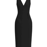 A professional woman showcasing two elegant sleeveless V-neck sheath dresses in classic black and soft lilac purple, featuring functional side pockets and a tailored fit for a polished office look.