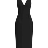 A professional woman showcasing two elegant sleeveless V-neck sheath dresses in classic black and soft lilac purple, featuring functional side pockets and a tailored fit for a polished office look.
