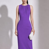 A style comparison of two elegant tailored office sheath midi dresses; the left showcasing a structured vibrant purple dress with a collared capelet sleeve design, and the right featuring a minimalist light grey sleeveless dress with subtle pleated neckline and side pockets.