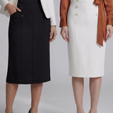 A comparison of two elegant high-waisted pencil skirts in black and white, featuring sophisticated button decorations and a tailored slim fit, ideal for professional office ensembles.