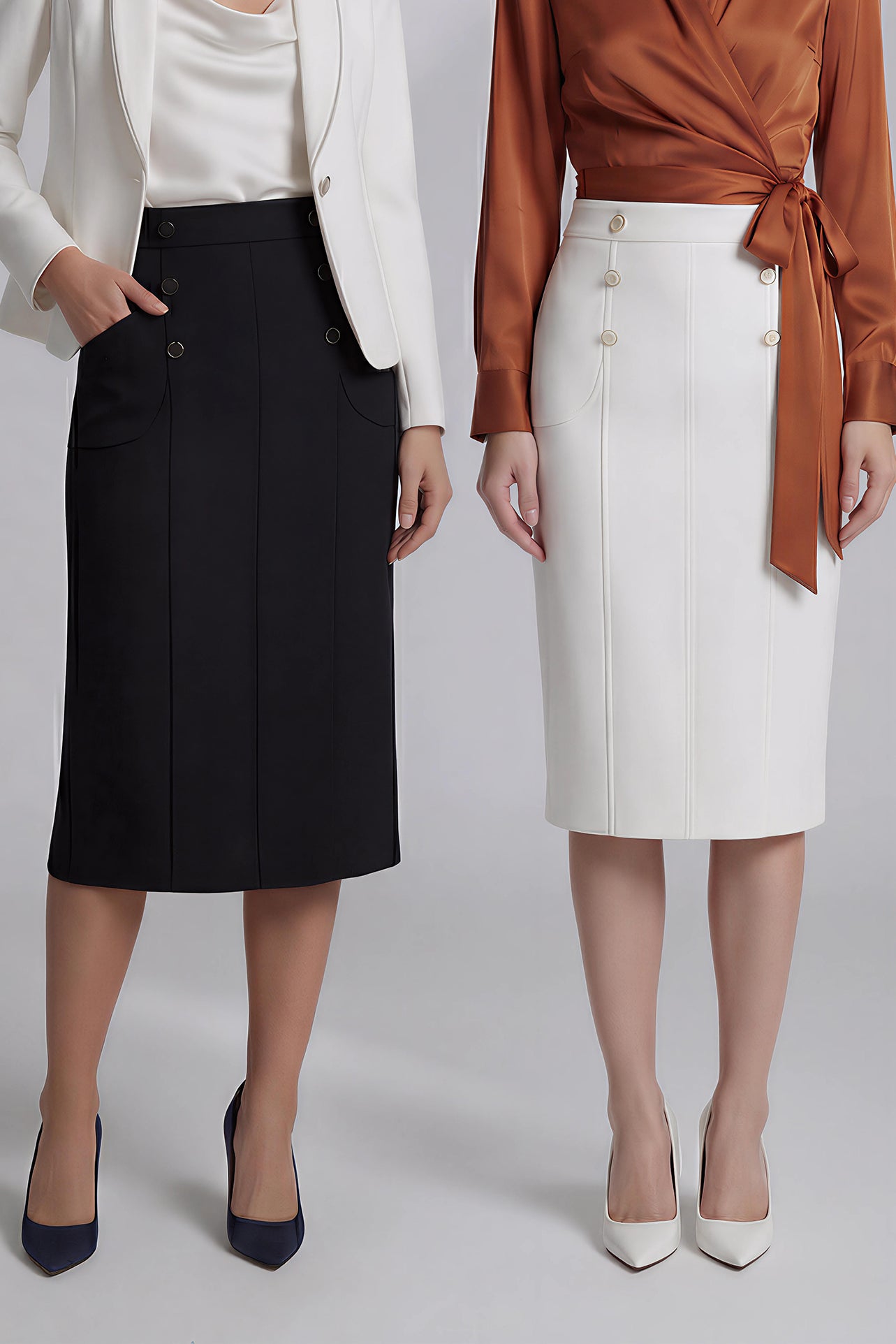 A comparison of two elegant high-waisted pencil skirts in black and white, featuring sophisticated button decorations and a tailored slim fit, ideal for professional office ensembles.