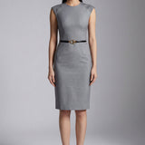 A professional woman wearing a sophisticated grey sleeveless sheath dress, featuring a tailored slim-fit silhouette and an elegant thin black belt with a gold buckle for a polished executive office look.