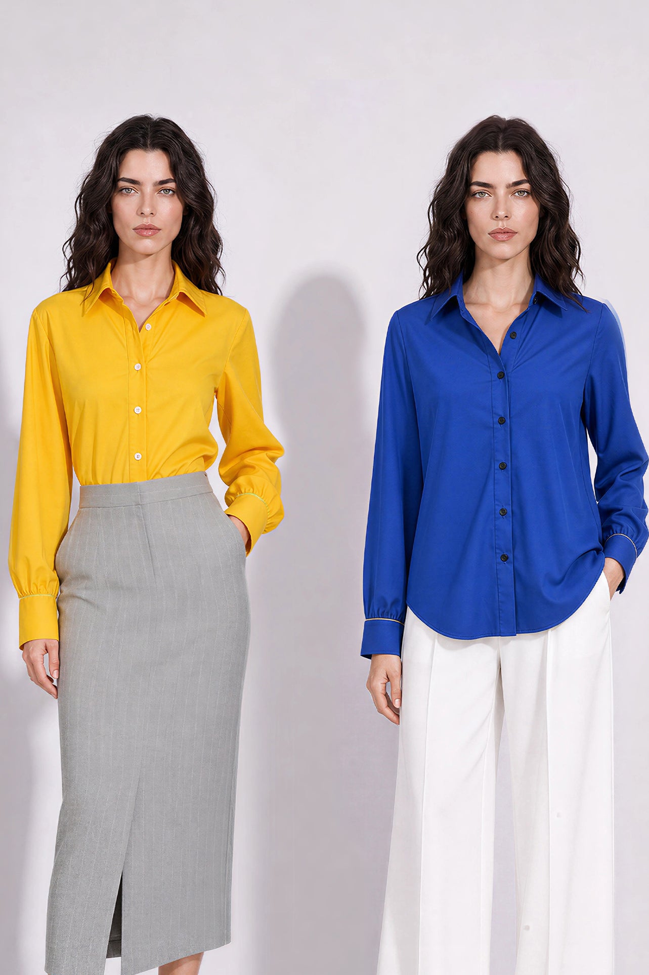 A style comparison of two elegant long-sleeve button-down work shirts with refined cuff stitching; the left in vibrant mustard yellow tucked into a grey pinstripe pencil skirt, and the right in royal blue paired with flowing white wide-leg trousers.