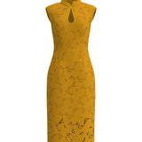 KEEN-LENGTH EMBROIDERY CHEONGSAM IN YELLOW