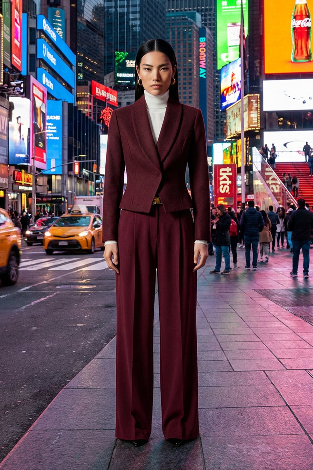 A professional woman wearing a sophisticated burgundy blazer suit with a classic shawl lapel and a white turtleneck, perfect for a high-end executive office look.