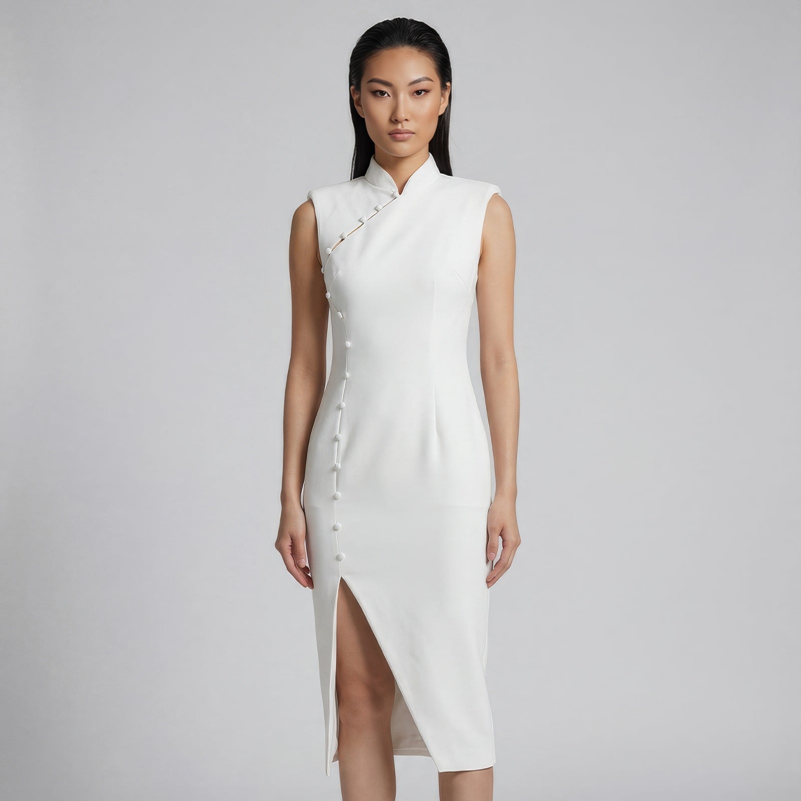 A professional woman wearing a sophisticated black modern qipao, featuring a classic mandarin collar, sleeveless slim-fit silhouette, and elegant side buttons with a high-low slit for a timeless oriental chic look.