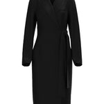A professional woman wearing a sophisticated black long-sleeve coat dress, featuring an elegant tie-waist belt and notched lapels, styled over a white shirt for a polished executive business look.