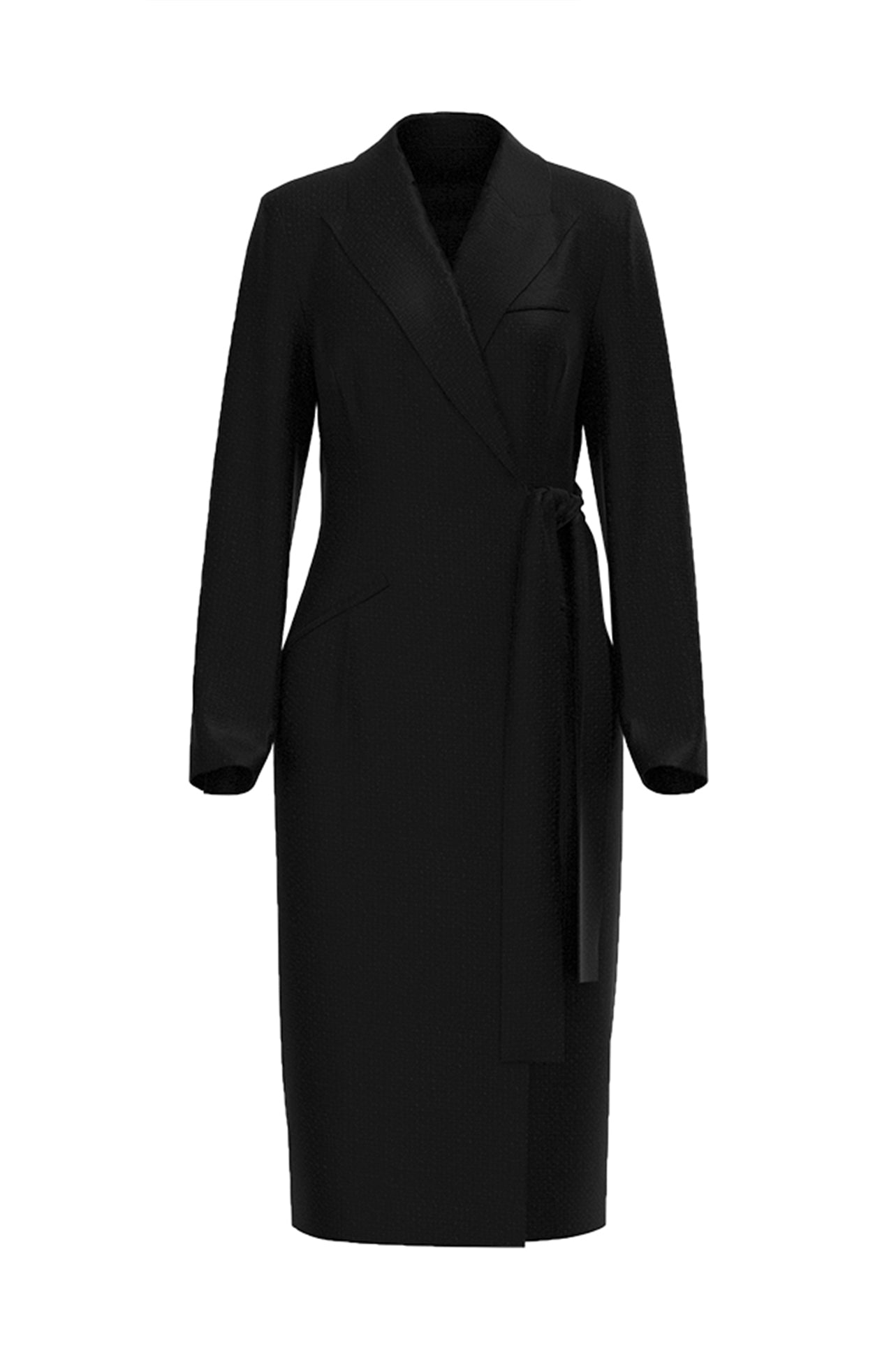A professional woman wearing a sophisticated black long-sleeve coat dress, featuring an elegant tie-waist belt and notched lapels, styled over a white shirt for a polished executive business look.
