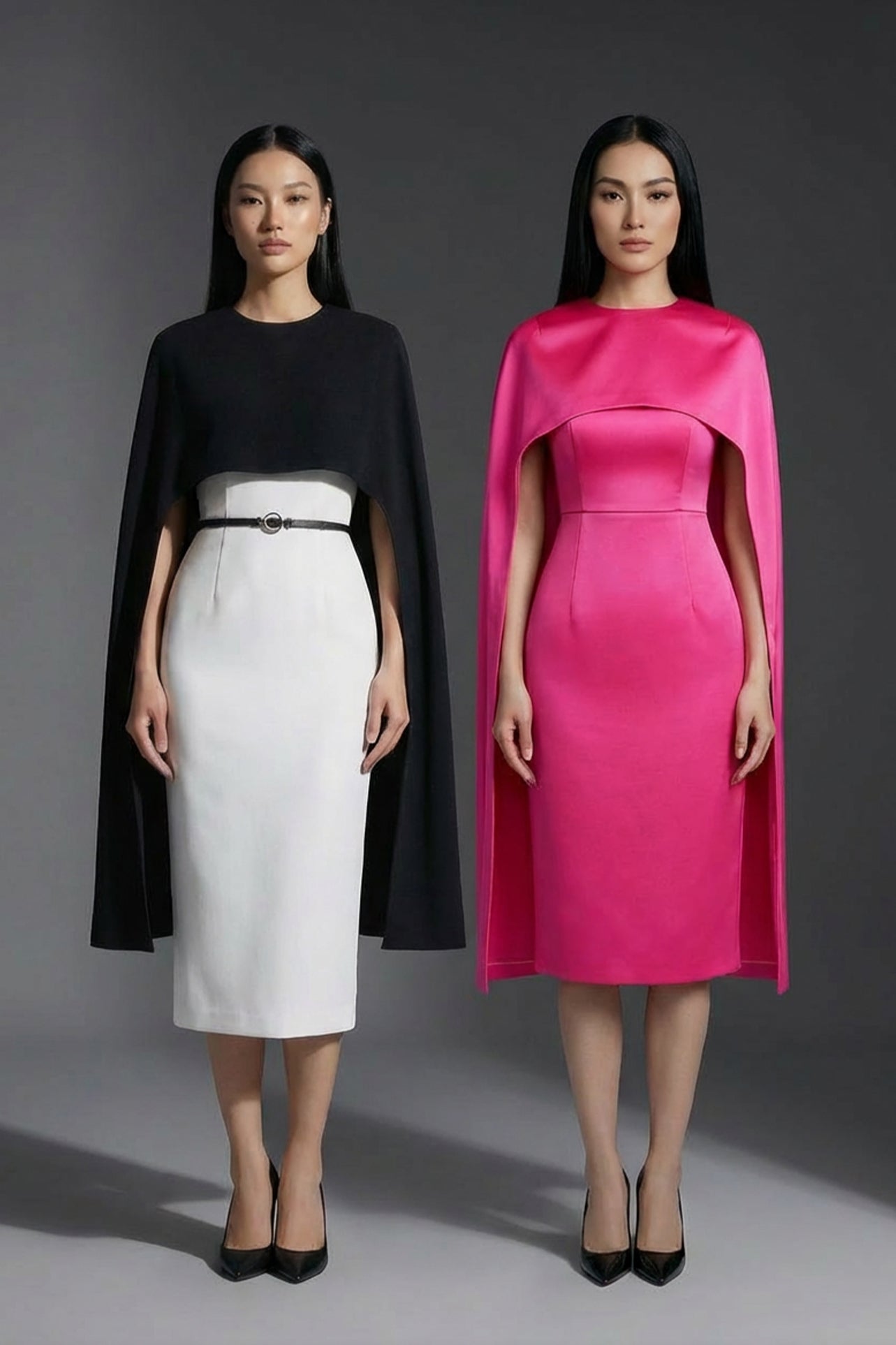 Two professional women wearing sophisticated cape-style dresses: one in a classic black and white monochrome with a thin belt, and the other in a vibrant magenta pink, perfect for a powerful and elegant evening look.