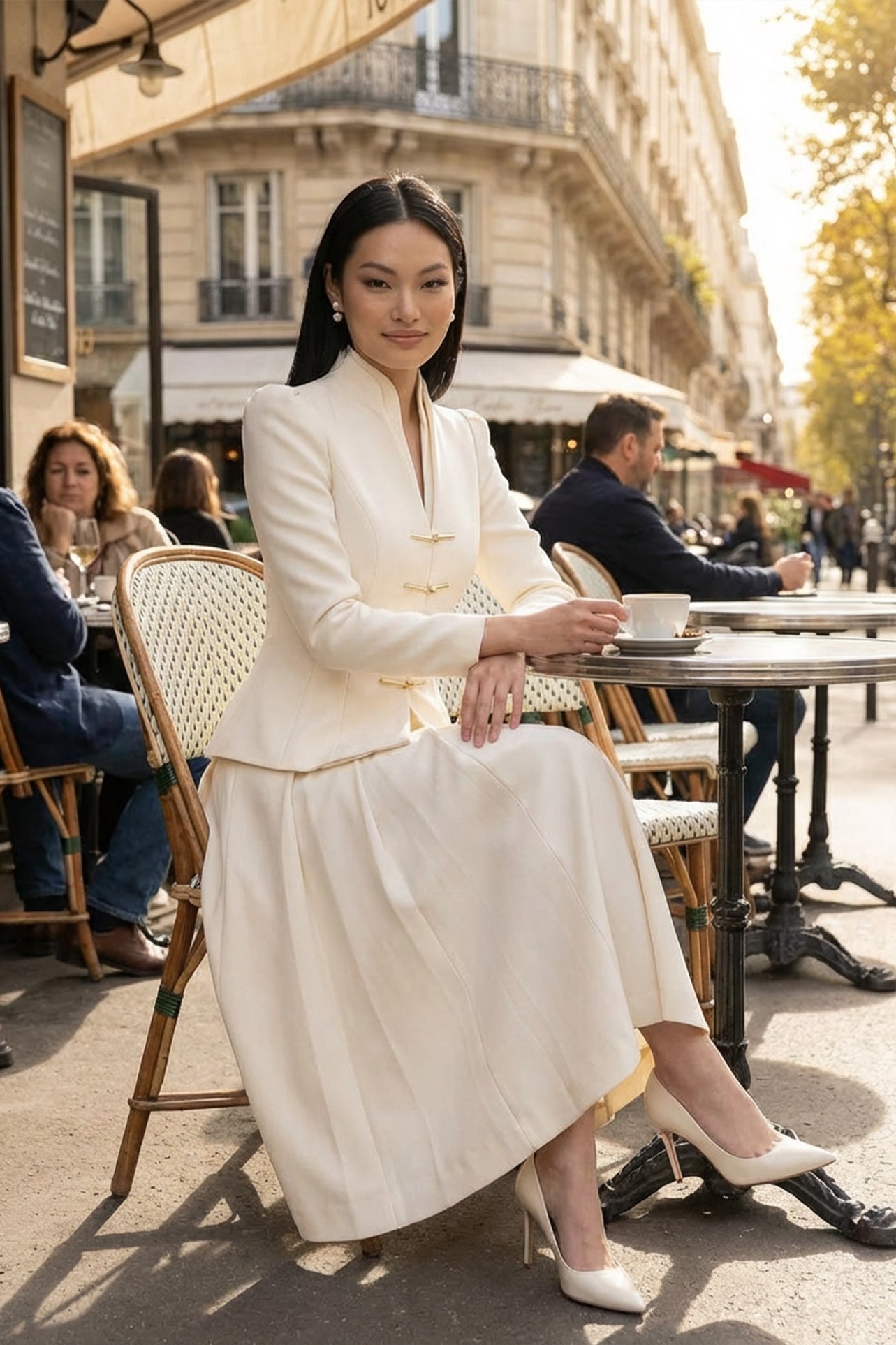 A sophisticated woman enjoying coffee in Paris wearing an elegant cream white modern qipao suit, featuring a mandarin collar blazer with traditional frog buttons and a matching pleated skirt for a quiet luxury oriental look.