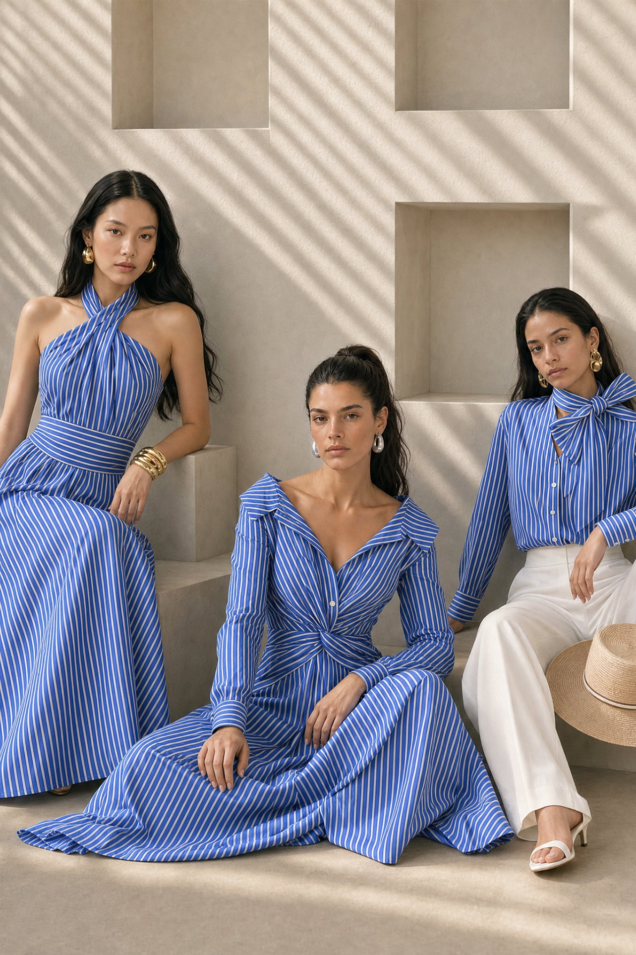 A model showcasing an elegant blue and white vertical striped maxi dress, featuring a sophisticated criss-cross halter neckline, a structured wide banded waist for a slimming silhouette, and a long flowing skirt, paired with white strap high heels.