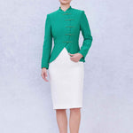 A professional woman wearing a stunning vibrant green blazer, featuring a traditional mandarin collar and elegant frog button detailing for a modern oriental-inspired executive look.