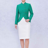 A professional woman wearing a stunning vibrant green blazer, featuring a traditional mandarin collar and elegant frog button detailing for a modern oriental-inspired executive look.