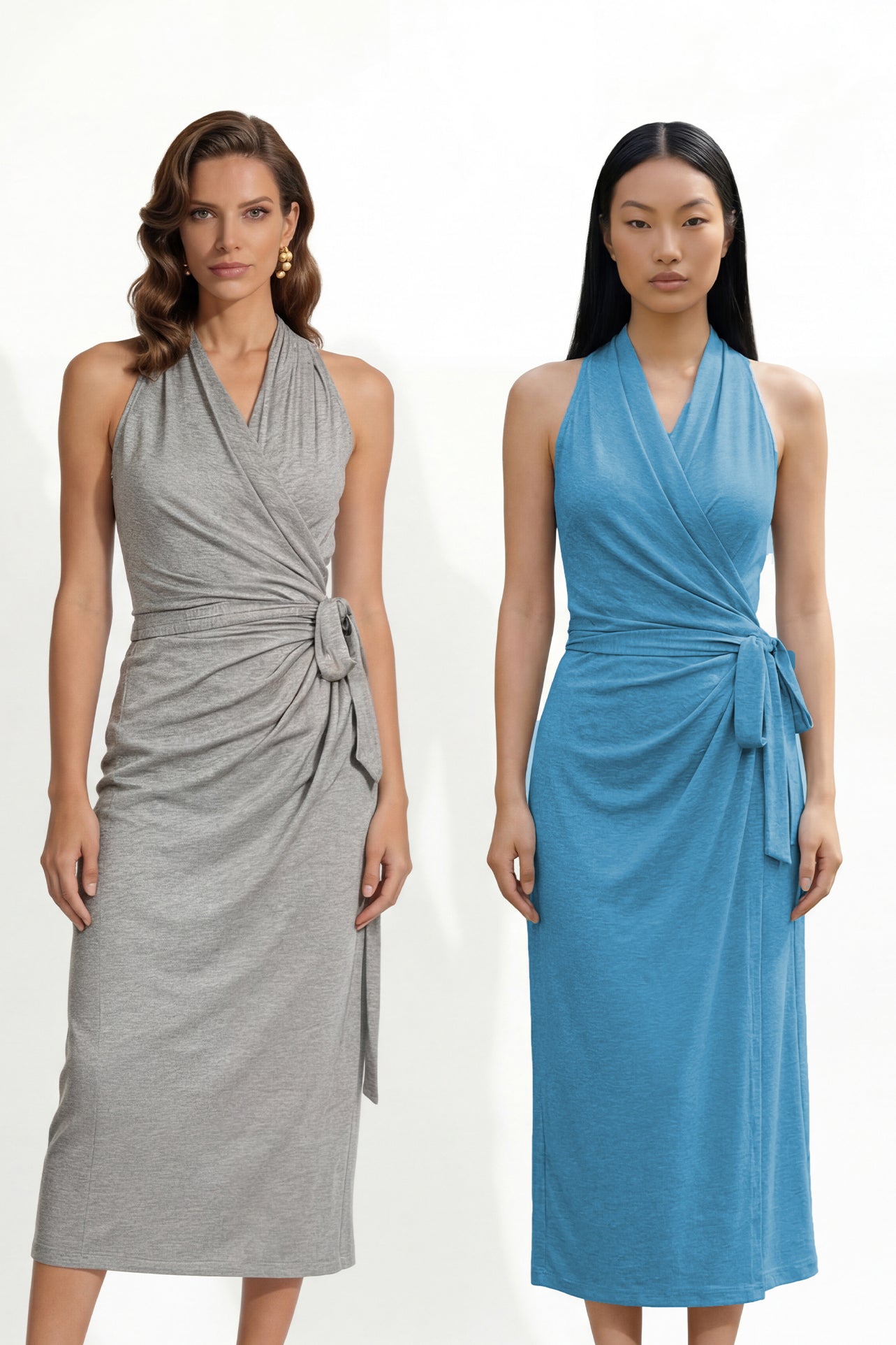Two professional models wearing elegant halter-neck wrap maxi dresses in heather grey and vibrant sky blue, featuring a sophisticated draped V-neckline and waist tie for a minimalist summer or resort look.