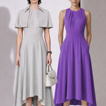 A style comparison of two elegant tailored midi dresses with a flowing high-low hem; the left showcasing a sophisticated light grey dress with a structured collared capelet sleeve, and the right featuring a vibrant purple sleeveless dress with refined pleated neckline and side pockets.