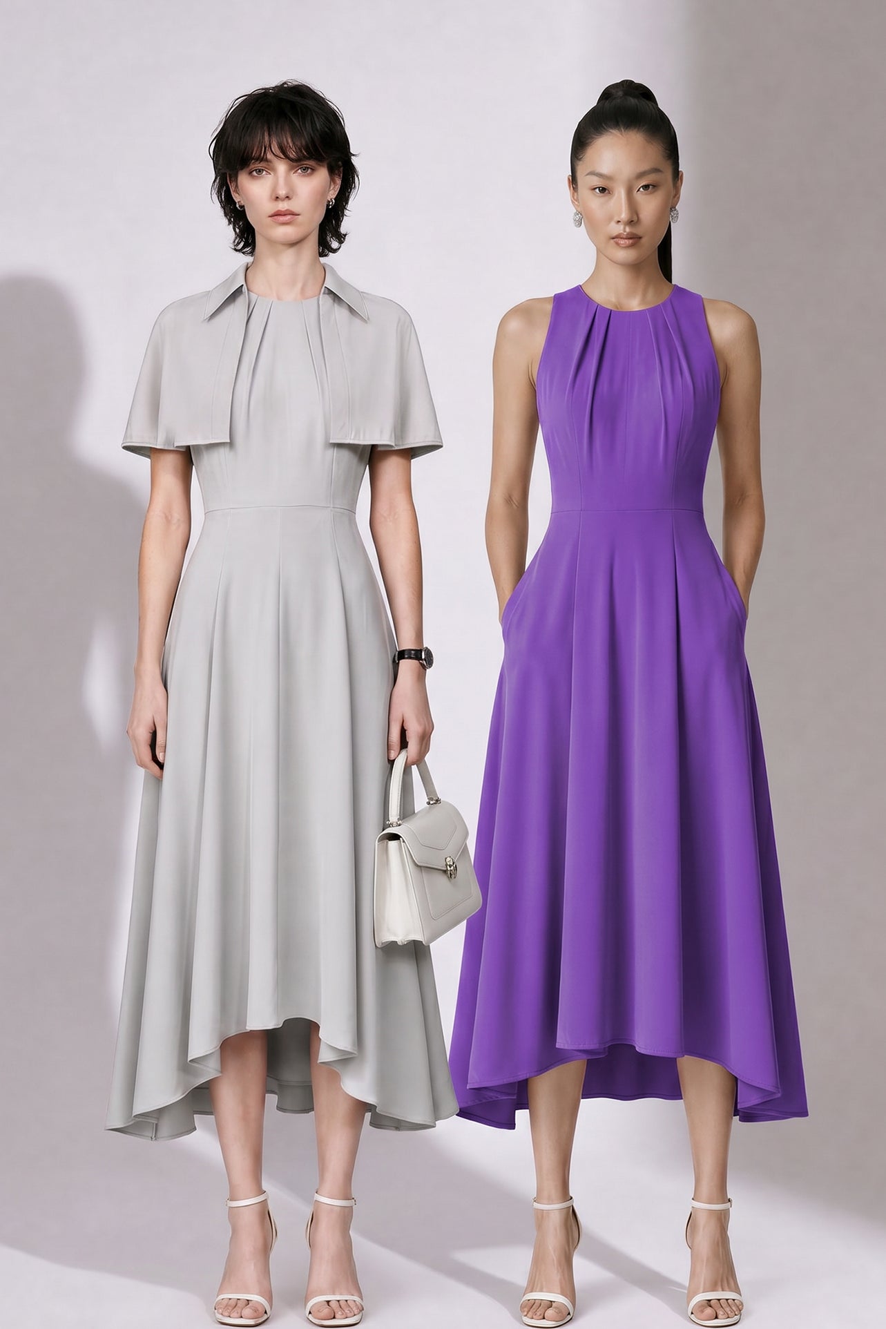 A style comparison of two elegant tailored midi dresses with a flowing high-low hem; the left showcasing a sophisticated light grey dress with a structured collared capelet sleeve, and the right featuring a vibrant purple sleeveless dress with refined pleated neckline and side pockets.