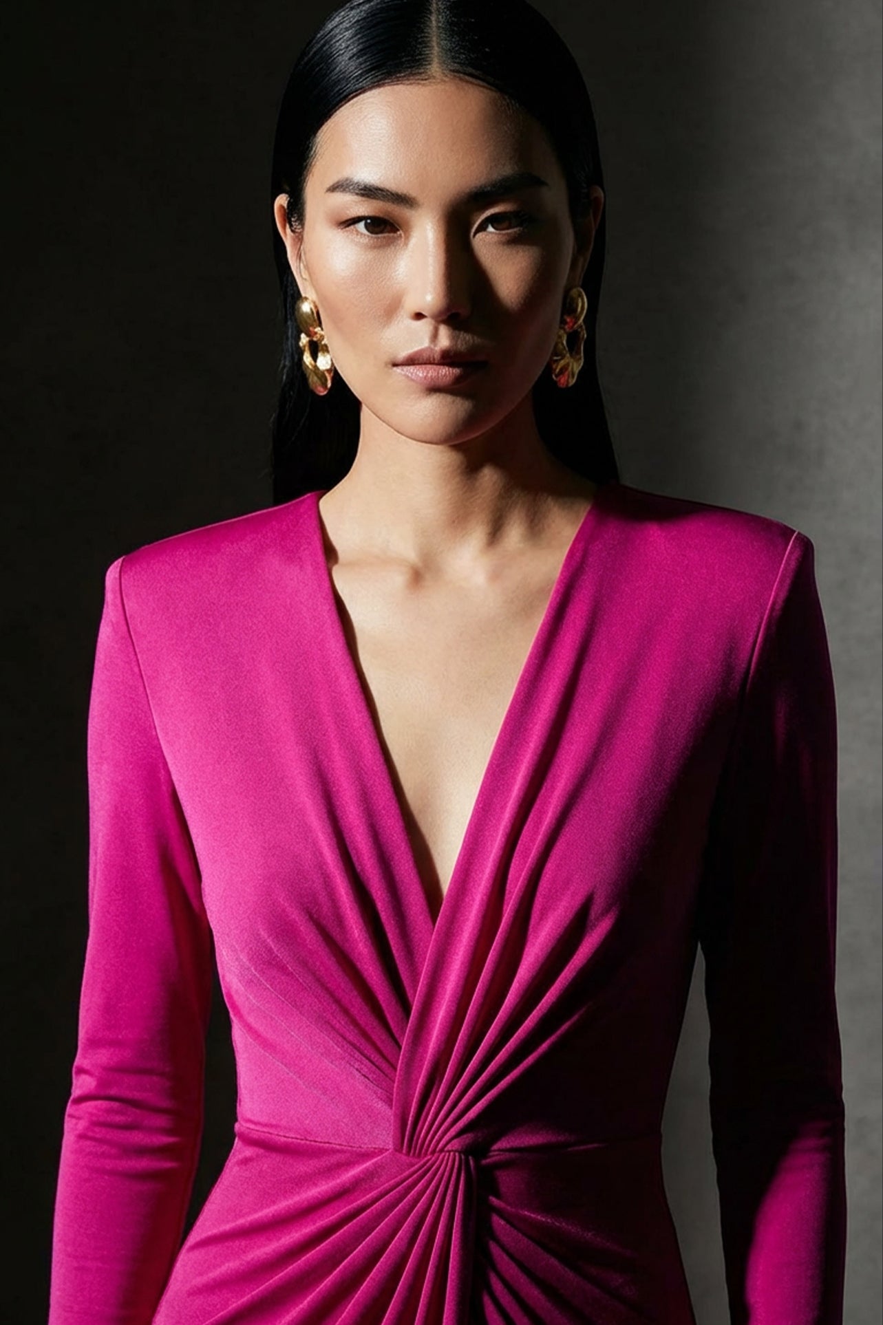 A sophisticated woman wearing a vibrant magenta long-sleeve dress, featuring a plunging V-neckline and an elegant knot-front twist at the waist for a stunning evening gala look.