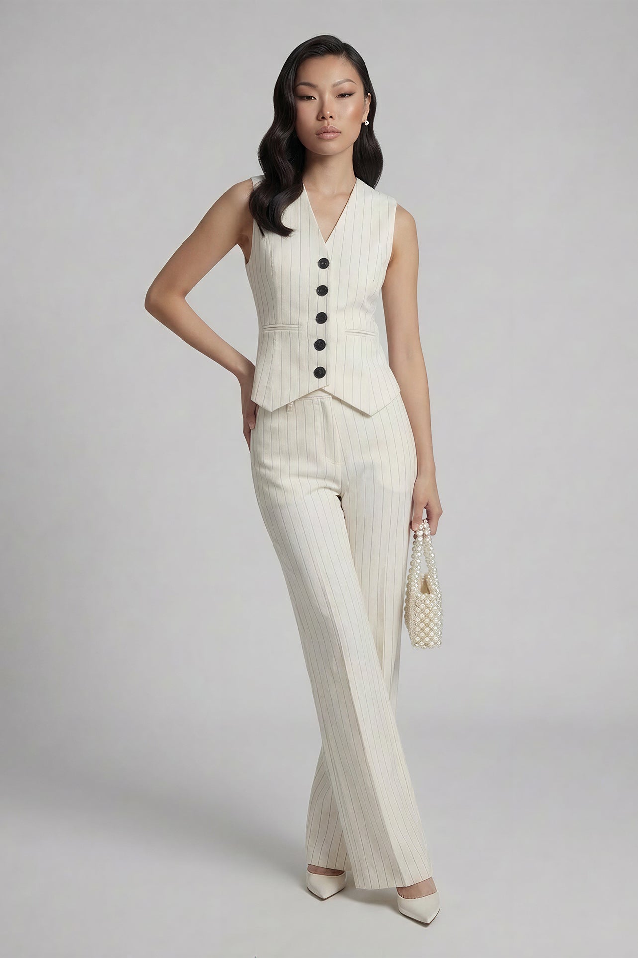 A professional woman wearing sophisticated cream pinstripe high-waisted wide-leg trousers, featuring a tailored loose-fit silhouette and styled with a pearl handbag for an elegant old money office look.