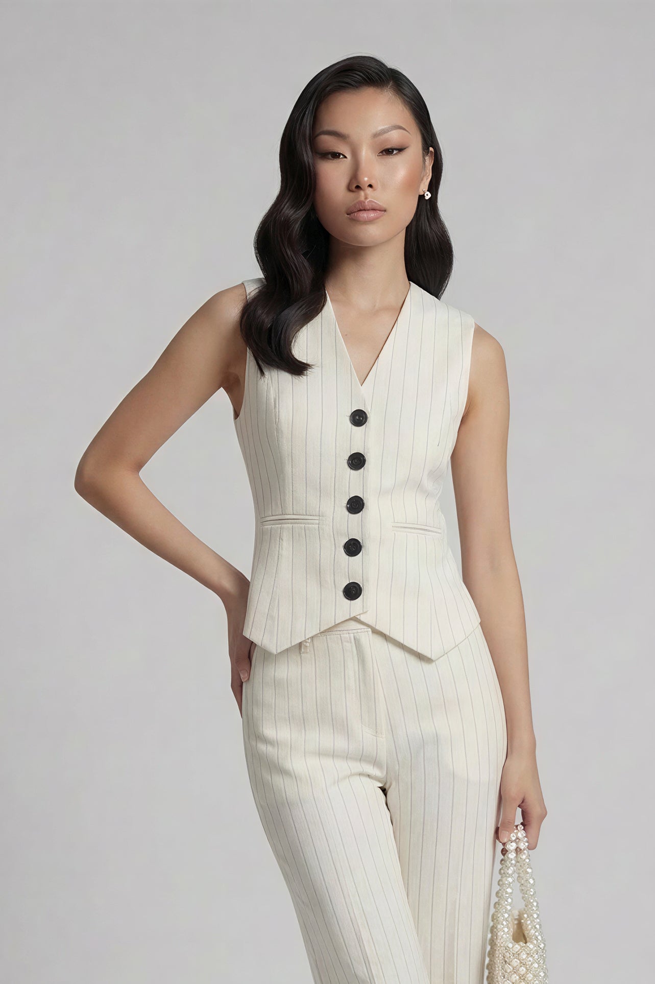 A professional woman wearing a sophisticated off-white pinstripe vest top, featuring a slim-fit tailored silhouette, classic V-neck, and contrasting black buttons for a modern business casual look.