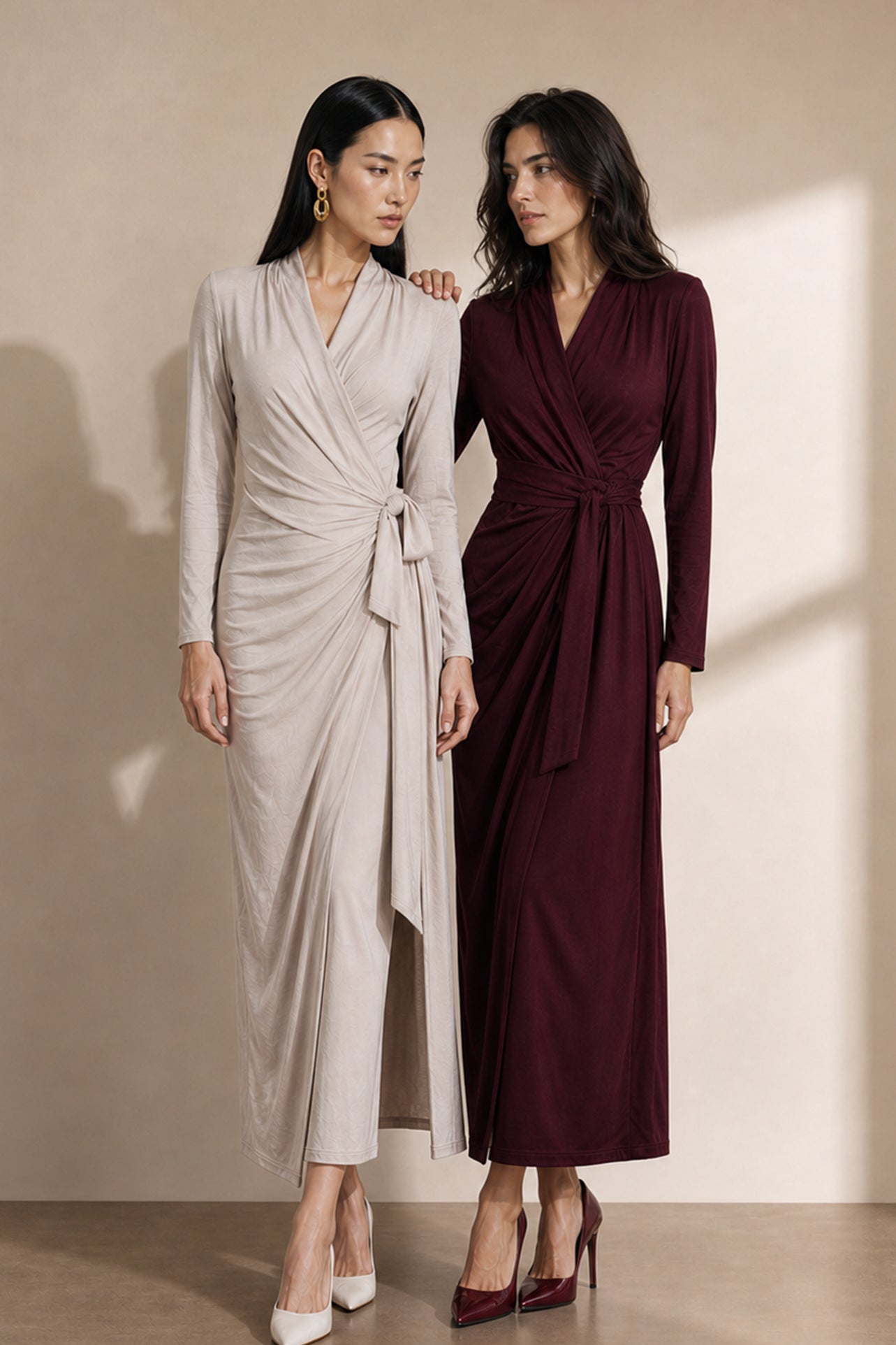 A style comparison of two elegant women's long-sleeve V-neck wrap maxi dresses featuring a flattering side-tie waist and cascading draped ruching; shown on the left in soft oatmeal greige and on the right in rich burgundy wine.
