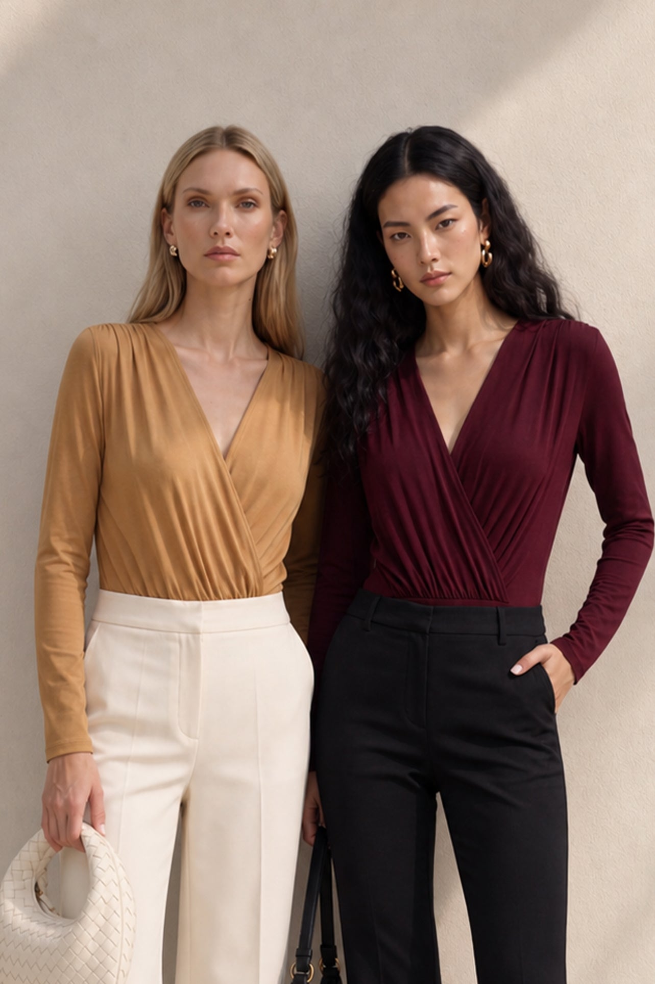 A style comparison of two elegant long-sleeve V-neck wrap tops featuring delicate shoulder pleating and a sleek tucked-in fit; the left in warm camel paired with cream trousers, and the right in deep burgundy paired with black trousers.