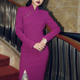 A professional woman in a high-fashion pose wearing a sophisticated purple modern qipao, featuring a classic mandarin collar, sleeveless slim-fit design, and elegant side-fastening buttons with a front slit for a modern oriental look.