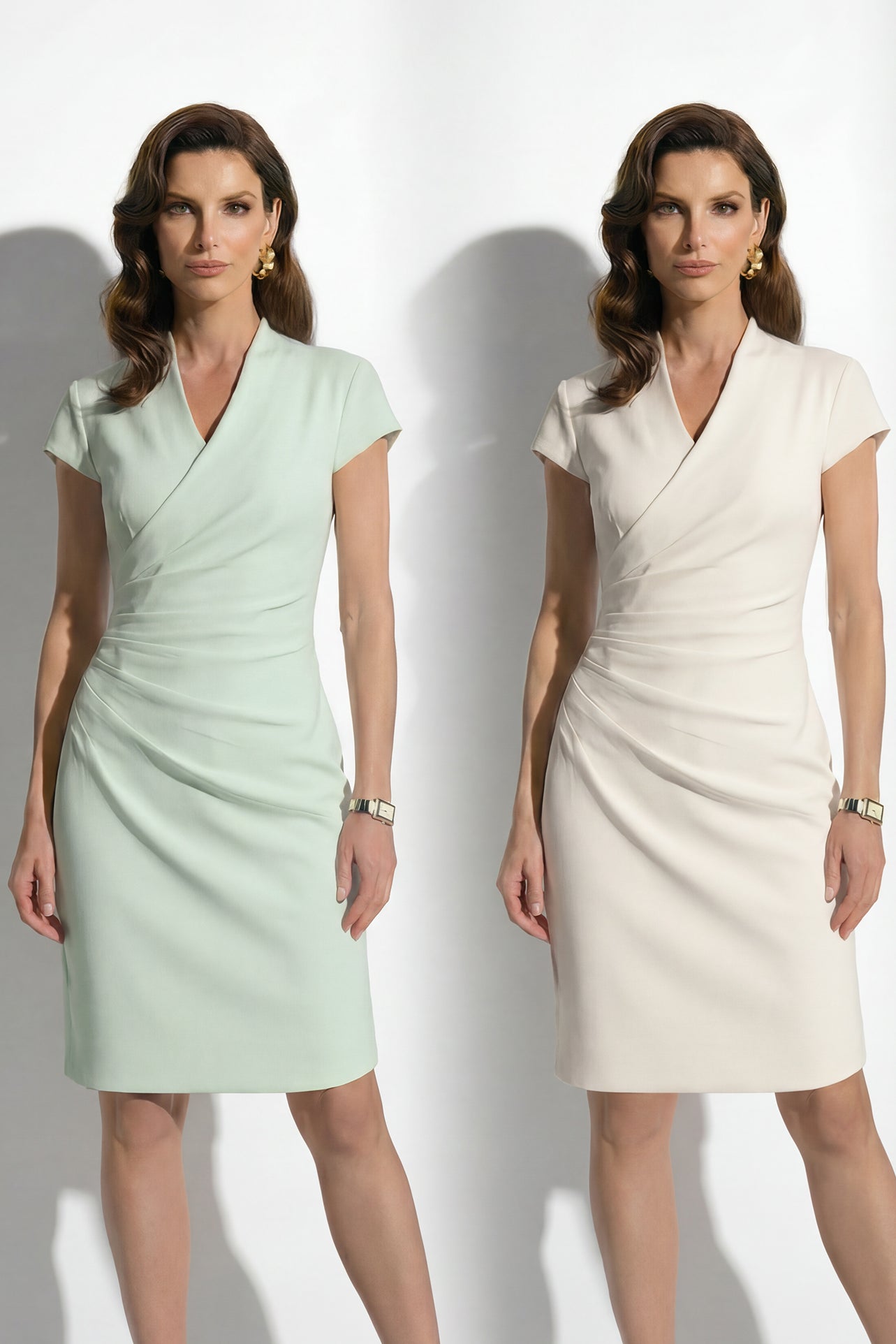 Two professional models wearing elegant sleeveless surplice V-neck sheath dresses in soft mint green and cream ivory, featuring sophisticated side ruched detailing and a tailored slim fit for a polished office look.