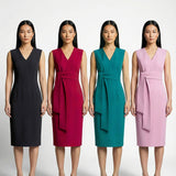 Four women showcasing an elegant v-neck sleeveless sheath dress in black, burgundy, teal green, and lavender pink, featuring a slimming tie-waist design perfect for a modern professional office look.