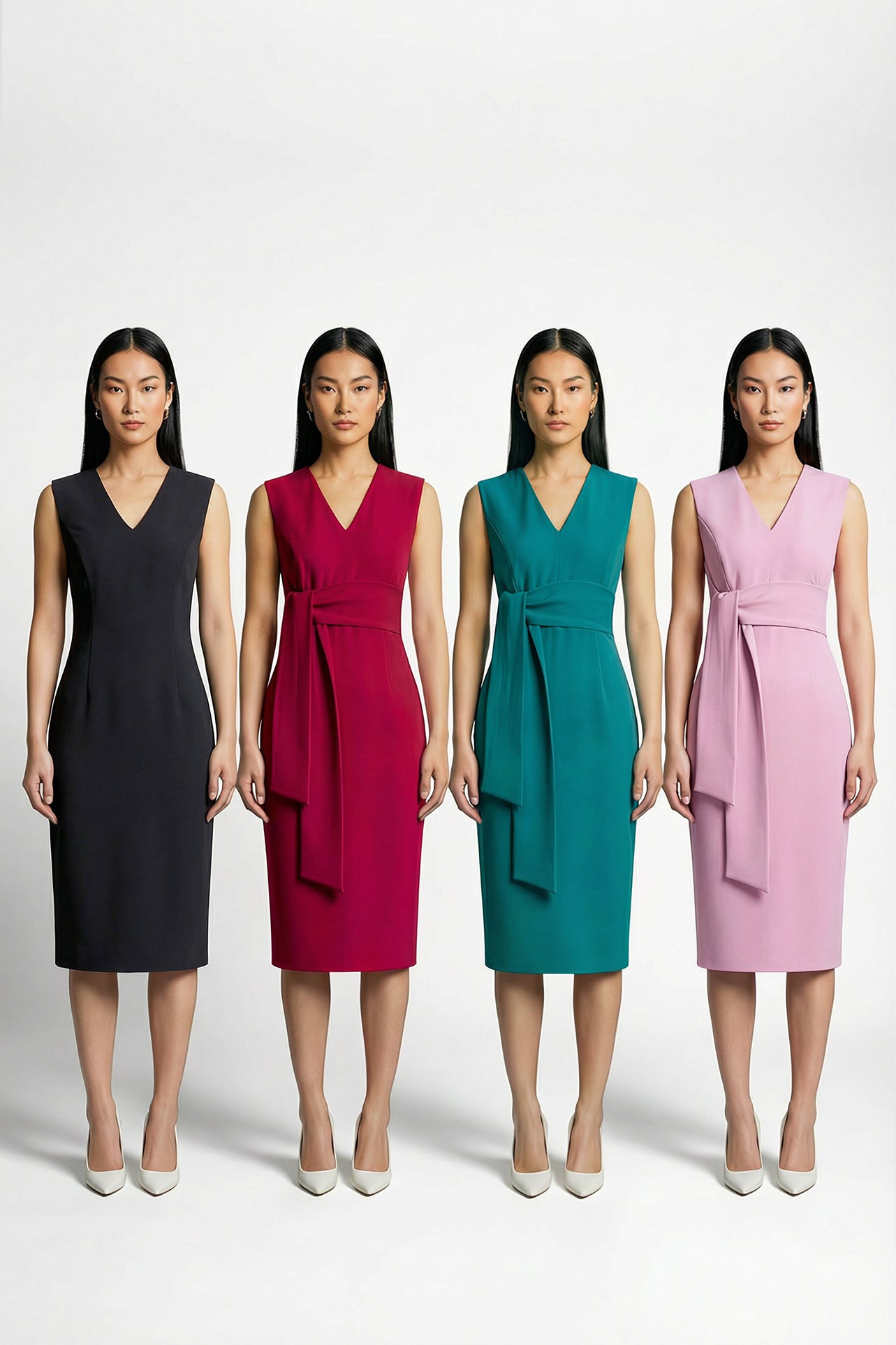 Four women showcasing an elegant v-neck sleeveless sheath dress in black, burgundy, teal green, and lavender pink, featuring a slimming tie-waist design perfect for a modern professional office look.
