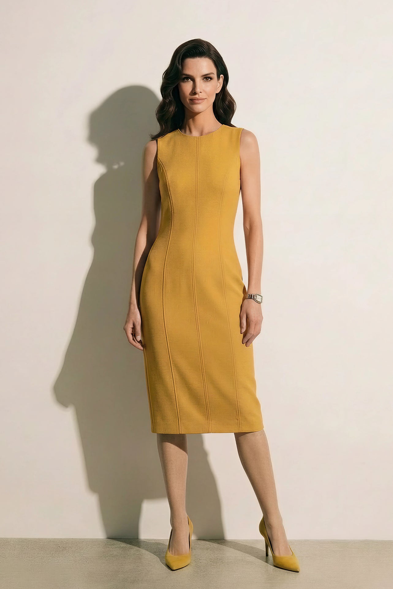 A professional woman modeling an elegant mustard yellow sleeveless sheath dress, featuring a sophisticated crew neckline and a tailored slim fit with princess seams for a polished executive look.