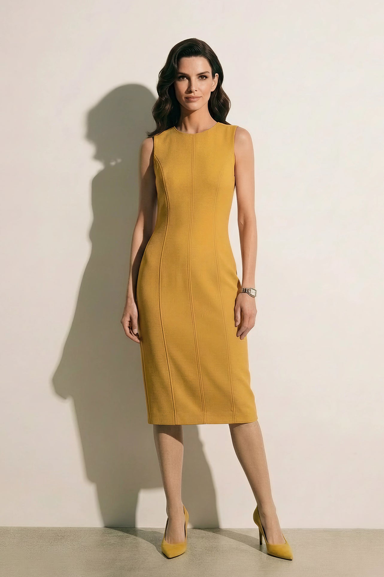 A professional woman modeling an elegant mustard yellow sleeveless sheath dress, featuring a sophisticated crew neckline and a tailored slim fit with princess seams for a polished executive look.
