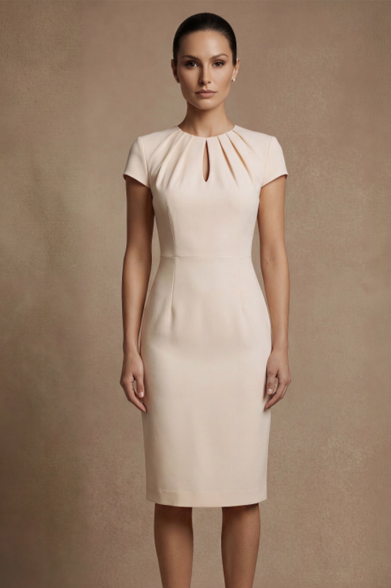 A professional woman modeling a sophisticated blush pink sheath dress, featuring a unique gathered neckline with keyhole detail and a tailored slim fit for a timeless executive look.