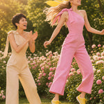 Two joyful women wearing elegant one-shoulder jumpsuits with large tie-bow shoulder straps in a sunny park; one jumps in a pastel pink wide-leg jumpsuit with yellow sneakers, while the other claps in a beige ankle-length jumpsuit.