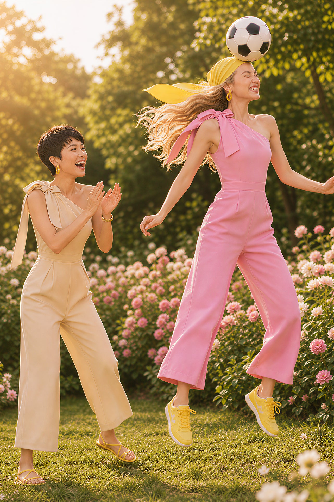 Two joyful women wearing elegant one-shoulder jumpsuits with large tie-bow shoulder straps in a sunny park; one jumps in a pastel pink wide-leg jumpsuit with yellow sneakers, while the other claps in a beige ankle-length jumpsuit.