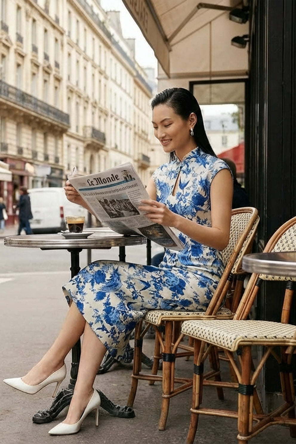 A professional woman wearing a sophisticated modern qipao dress, featuring a blue and white porcelain floral print, a mandarin collar with keyhole detail, and a slimming tailored fit for an elegant executive look.