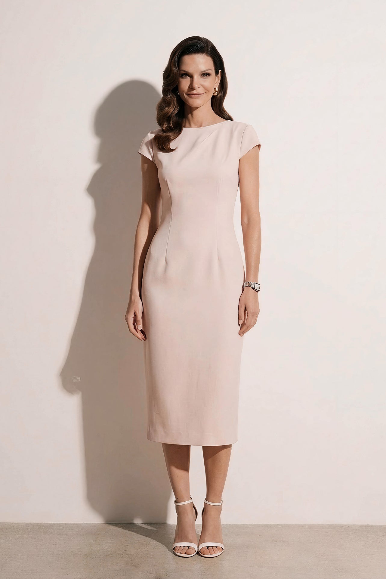 A professional woman modeling an elegant pale pink sheath dress, featuring a sophisticated crew neckline, cap sleeves, and a tailored slim fit with princess seams for a timeless executive look.