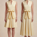A side-by-side comparison of an elegant pale yellow sleeveless dress in two lengths, featuring a sophisticated mandarin collar, a stylish bow tie-waist, and a pleated A-line skirt for a classic feminine look